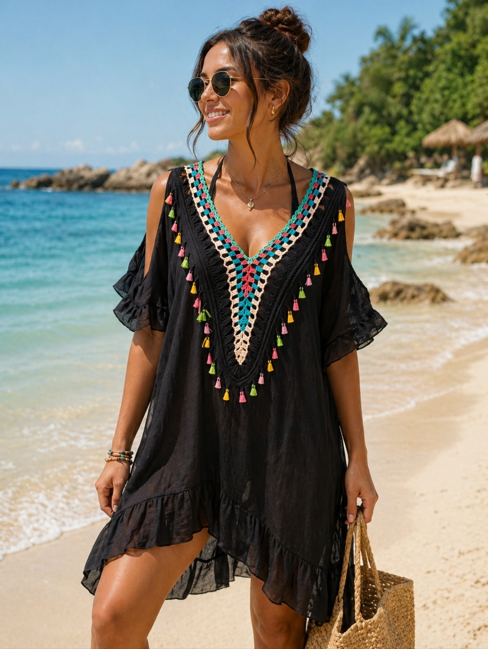 Beach By Exist Black Swim Coverup with Multicolor Crochet V-Neck